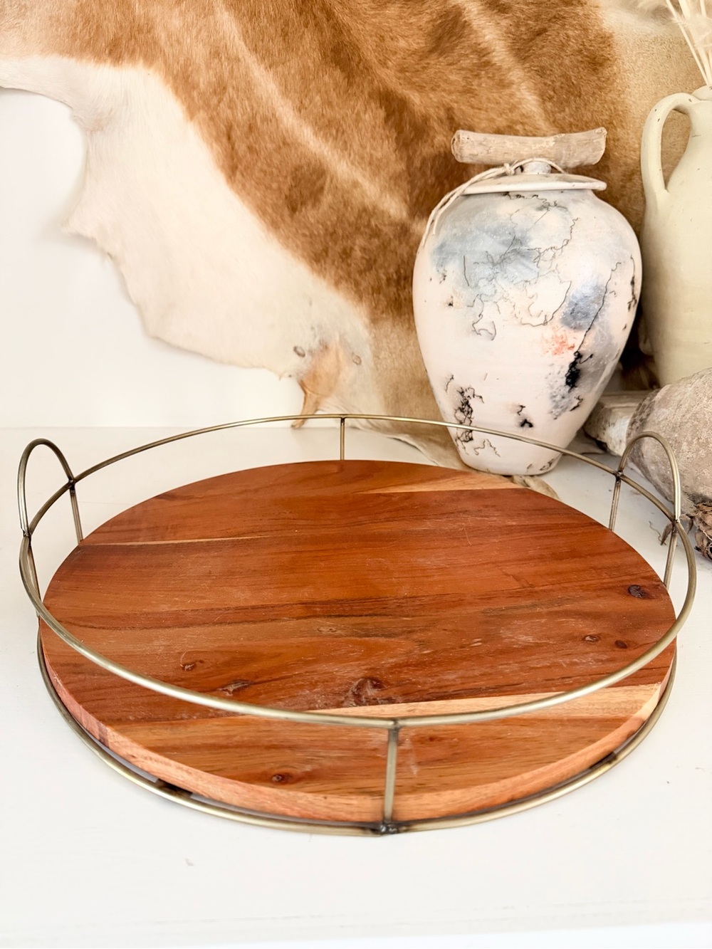 HEARTH & HAND WITH MAGNOLIA | Round Decorative Wood Tray with Brass Metal Handle
